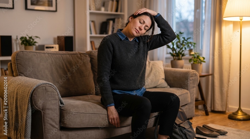 Fototapeta premium A woman sits on a comfortable couch in her living room, performing a gentle neck stretch to relieve tension and promote relaxation.