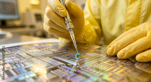 Manufacturing technician using precision pipette for liquid application on silicon semiconductor wafer board.