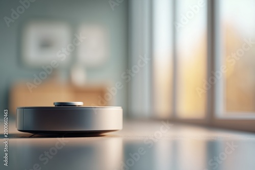 Robot vacuum cleaner on light floor in modern living room. Smart home technology for floor cleaning. Blurred background of contemporary interior with natural light