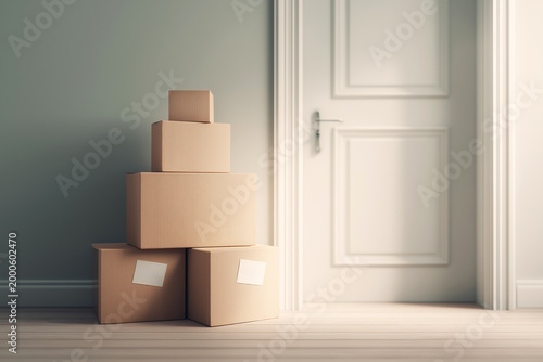 Stack of cardboard boxes on wood floor next to white door. Concept of moving, relocation, delivery, or storage