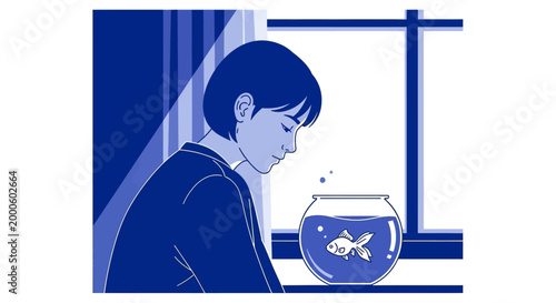 Thoughtful person watching goldfish in bowl next to window