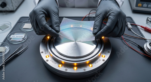 Scientist examining iridescent holographic material under laboratory lighting equipment and microscopes.