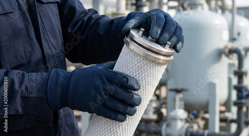 Worker holding industrial water filtration cartridge while wearing protective gloves at treatment plant site.