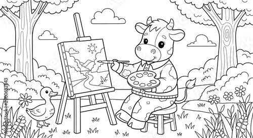 Charming cow artist coloring page fun illustration for kids adults