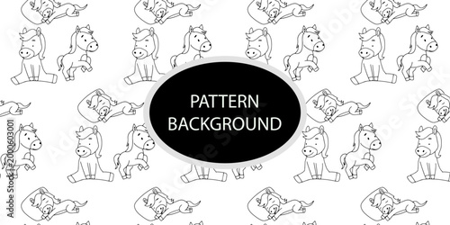 Handrawn popular baby horse activity pattern background.  Line minimal fabric for cafe, design menu. Breakfast, lunch, dessert, chocolate sweets
