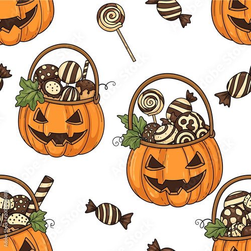 Halloween Pumpkin Candy Basket Seamless Vector Pattern