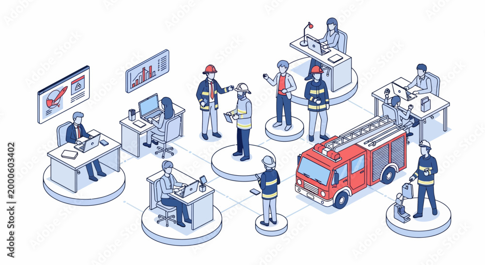 Fototapeta premium Fire crew work fast at unit base for aid and help in city with truck