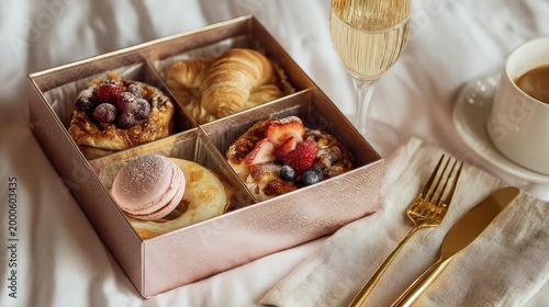 Luxury breakfast box with gourmet pastries, gold utensils, and a champagne glass, elegant brunch concept, high-end dining. 