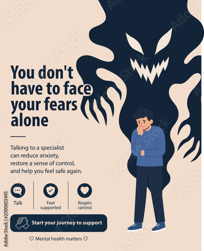 You do not have to face your fears alone. Anxiety poster. Mental health illustration