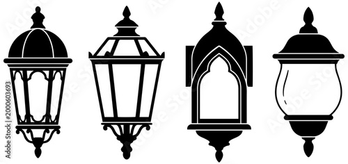 A collection of antique-style street lamps and decorative outdoor lanterns featuring various classical designs and silhouettes for historical aesthetics.