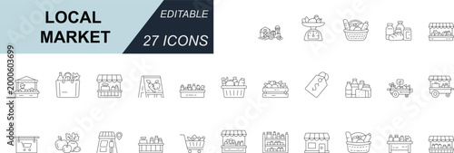 Local market minimal line icon set. Featuring local market, grocery, fresh produce, retail shops, carts and stalls. Perfect for UI, apps, ecommerce, delivery and organic food concepts. Editable vector
