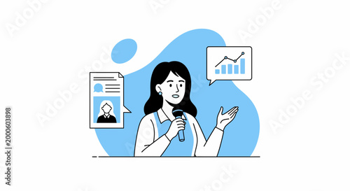 Woman speaker presenting business growth data using microphone in modern flat vector graphic illustration style