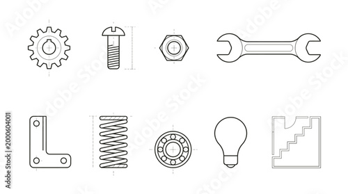 Blueprint-style elements of tools and mechanical components  