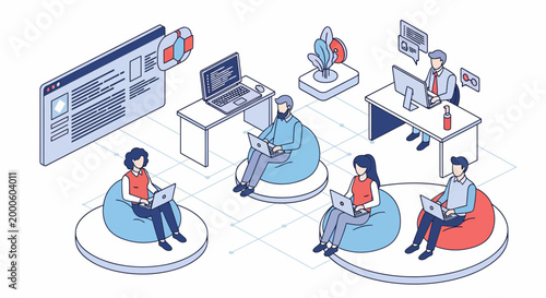 A software team at work in an office with code and tech tools in 3d