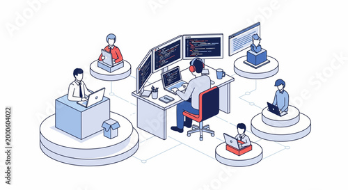 Pro team of web dev guys work on code for app in flat blue tech site