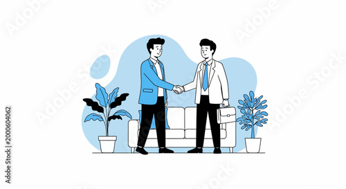 Two professional businessmen in suits shaking hands to confirm a successful partnership deal in modern office