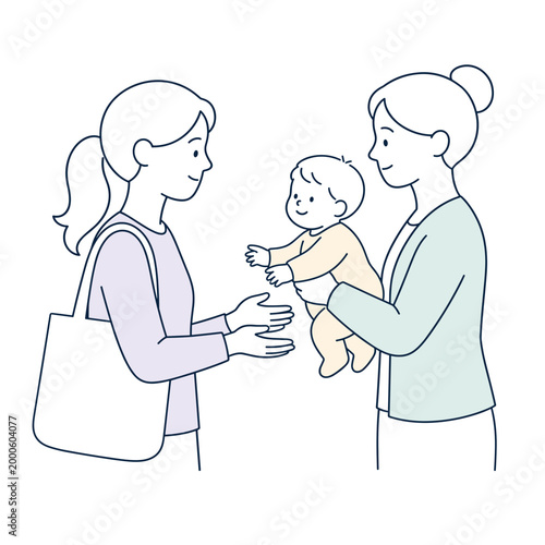 Mother handing baby to grandmother in casual indoor setting  