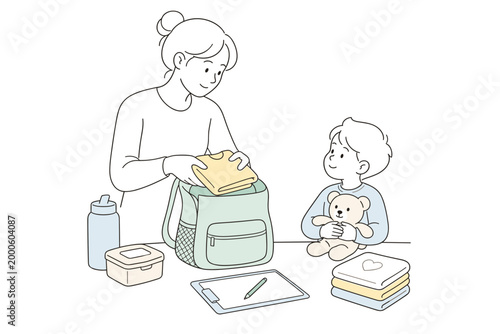 Woman packing backpack with child holding teddy bear at home  