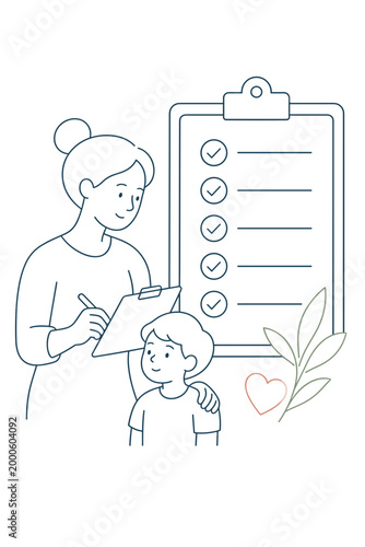 Mother helping son with checklist and planning in minimal style  