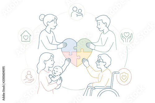 Family caring for loved ones while holding a heart-shaped puzzle  