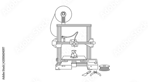 3D printer setup with filament spool and accessories for printing  
