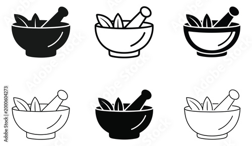 stylized herbal icon set featuring mortar and pestle with leaves for natural remedies and wellness, organic healing concept collection, natural medicine symbols for spa, apothecary branding, health ca
