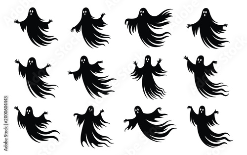 Spooky black ghost illustrations floating in mid air with white background for halloween designs