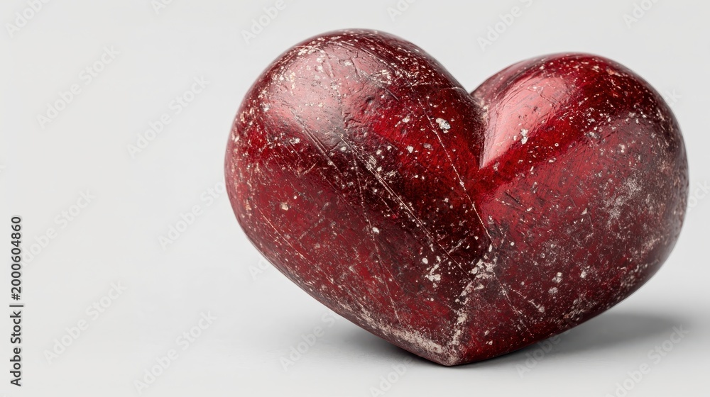 Fototapeta premium Red stone heart sculpture with weathered texture representing enduring love, passion, romance, and emotional concepts on a plain background