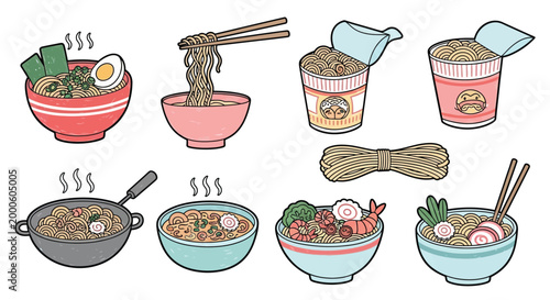 A vibrant collection of Japanese ramen dishes and ingredients, showcasing various bowls, noodles, and toppings in a charming illustration style.