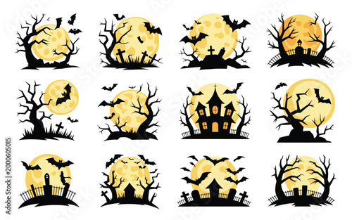 Halloween icons set with spooky silhouettes of haunted houses bats and bare trees against a full moon background creating a scary atmosphere for party invitations and decorations