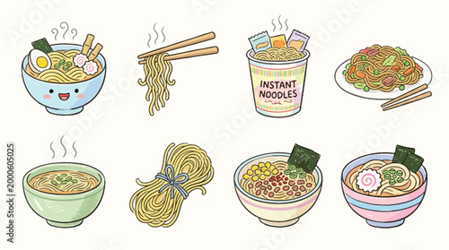 A collection of cute, kawaii-style illustrations of various noodle dishes, including ramen, instant noodles, and fried noodles, presented in a top-down view.