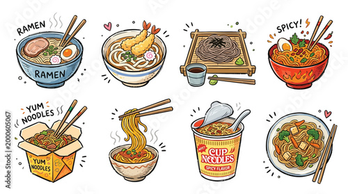 A vibrant collection of eight distinct bowls and boxes filled with various types of delicious noodle dishes, presented in a charming, hand-drawn illustration style.
