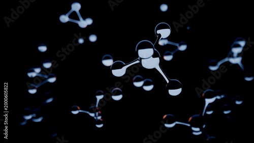 abstract 3d background wallpaper. Small water molecules float in a dark environment, displaying their structure through reflections and light.	
