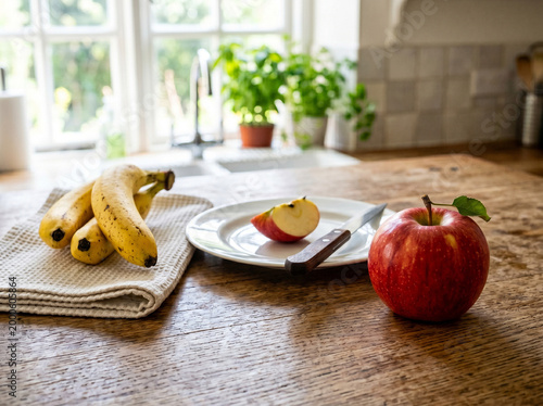 Breakfast with fruits on table