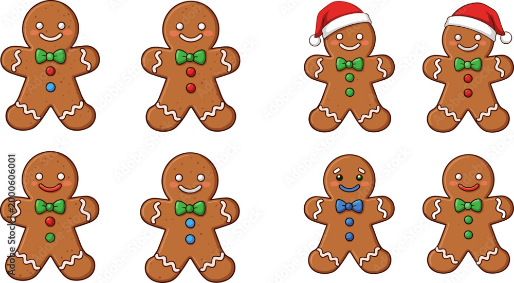 Fototapeta premium Gingerbread man cookie vector illustration set featuring cute Christmas characters with icing decorations bow ties and Santa hats in festive flat style