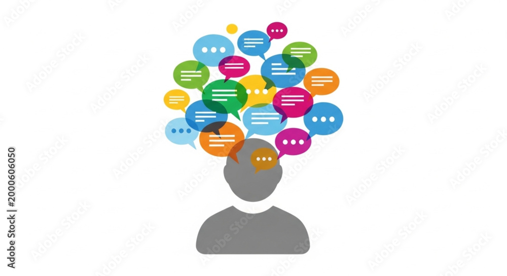 Εκτύπωση καμβά Person with many colorful speech bubbles above head representing communication ideas
