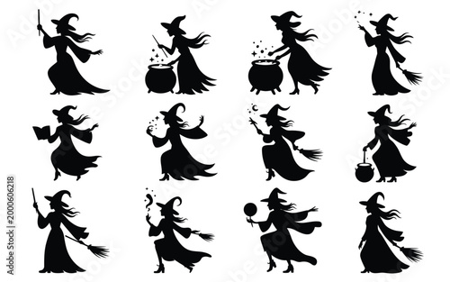 Black silhouettes of witches in various poses with magic tools on white background for halloween designs