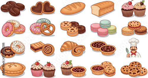 Bakery food collection with donuts cookies bread cupcakes macarons and pastries, sweet dessert assortment vector illustration set
