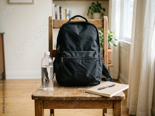 Black backpack on chair with notebook and water bottle