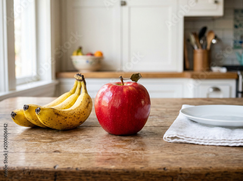 Banana and apple on kitchen table