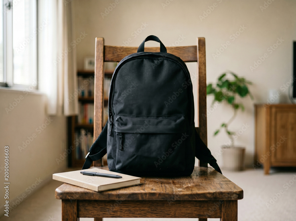 Fototapeta premium Black backpack on wooden chair indoors