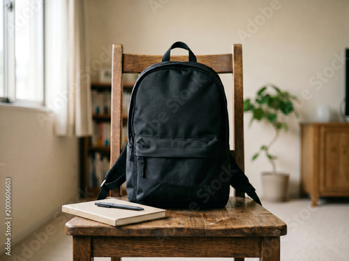 Black backpack on wooden chair indoors