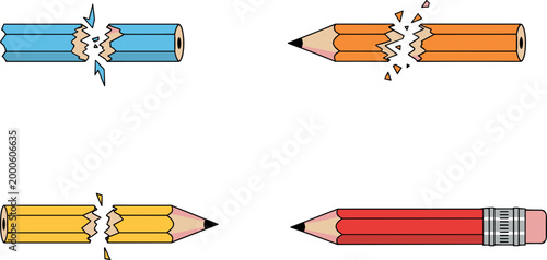 Collection of broken wooden pencils with snapping effect and sharp fragments illustrating damage concept isolated on white background