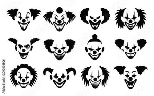 Collection of 12 scary clown faces in black and white various expressions and hairstyles creepy graphic resource