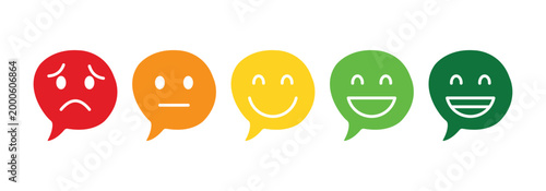 Satisfaction Face Vector Icons in Color Speech Bubbles Showing Emotions and Feedback