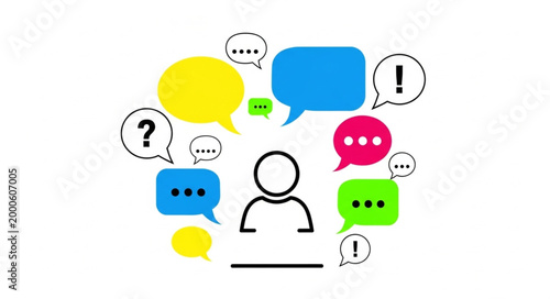 Person with speech bubbles around.
