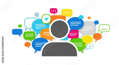 Person with speech bubbles around.