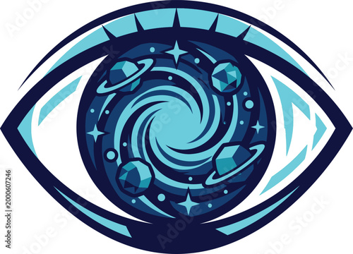 Human eye reflecting a swirling galaxy with planets and stars, cosmic vision concept