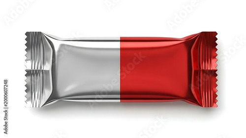 A red and silver foil wrapped candy bar on a white background