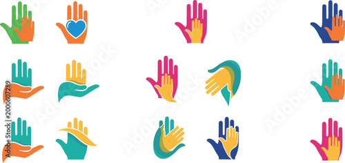 Colorful helping hands and care logo collection featuring supportive gestures, heart symbols, and abstract community icons representing compassion and unity